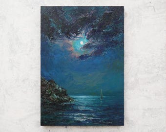 Moon oil painting original, night sky painting, Small oil painting, Cloud moon art, Night Landscape, Signed oil painting