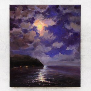 May include: An oil painting depicts a moonlit seascape. The sky is filled with dark, textured clouds in shades of purple and blue, with a bright, glowing moon. The water reflects the moonlight, and a dark land mass is visible in the distance.