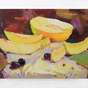 Still life painting Kitchen wall decor Oil painting original Canvas painting Plein air painting Farmhouse wall decor Melon still life art