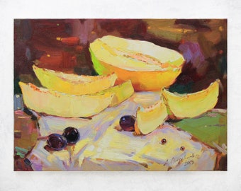 Still life painting Kitchen wall decor Oil painting original Canvas painting Plein air painting Farmhouse wall decor Melon still life art