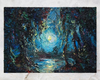 Moon oil painting original, night sky painting, Small oil painting, Cloud moon art, Night Landscape, Signed oil painting