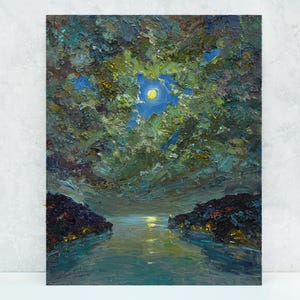 月明かりの海景 - 夜のオリジナル油絵、暗い海の風景、夜空の絵