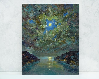月光の道 水上の月 署名入り油絵 オリジナル 大きな縦長風景 満月 川の