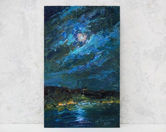 Moon oil painting original, night sky painting, Small oil painting, Cloud moon art, Night Landscape, Signed oil painting