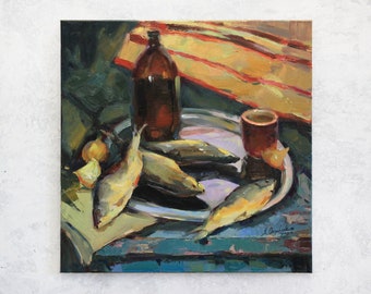 Realism painting Original oil painting still life Kitchen wall art Fish beer painting gift for fisherman Oil on canvas