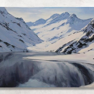 Sereno lago nevado en las montañas - Pintura al óleo invernal original de las Montañas Humeantes, obra de arte de gran tamaño