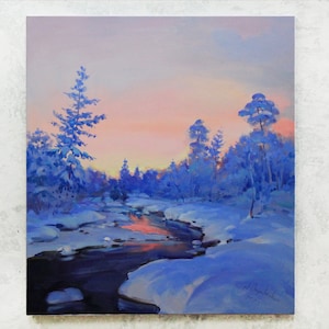 Large oil painting original Above bed wall art Snow river painting Plein air painting Sunset Winter painting Landscape living room painting