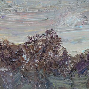 May include: An oil painting depicting a landscape with a textured sky and trees. The sky is a blend of light gray and white, with visible brushstrokes. The trees are a mix of brown and purple hues, suggesting a forest or wooded area.