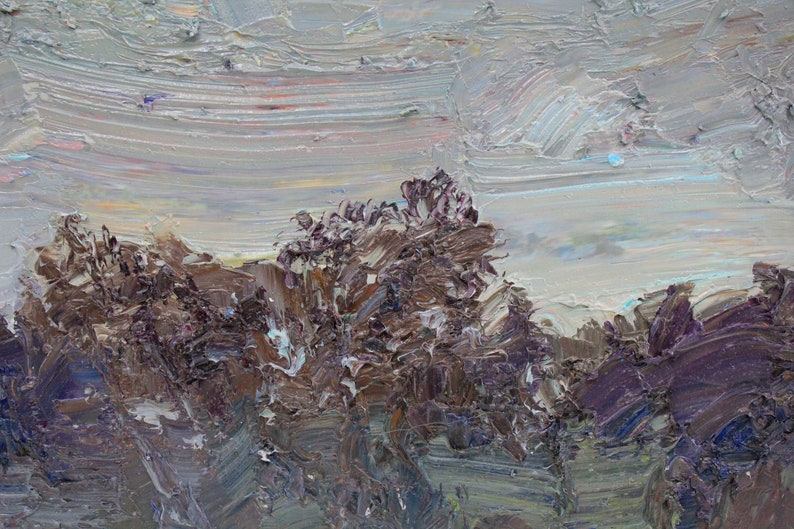 May include: An oil painting depicting a landscape with a textured sky and trees. The sky is a blend of light gray and white, with visible brushstrokes. The trees are a mix of brown and purple hues, suggesting a forest or wooded area.