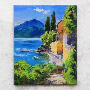Lake Como, Villa Monastero - Italian Landscape painting Original impasto landscape painting textured Oil painting Italy wall art