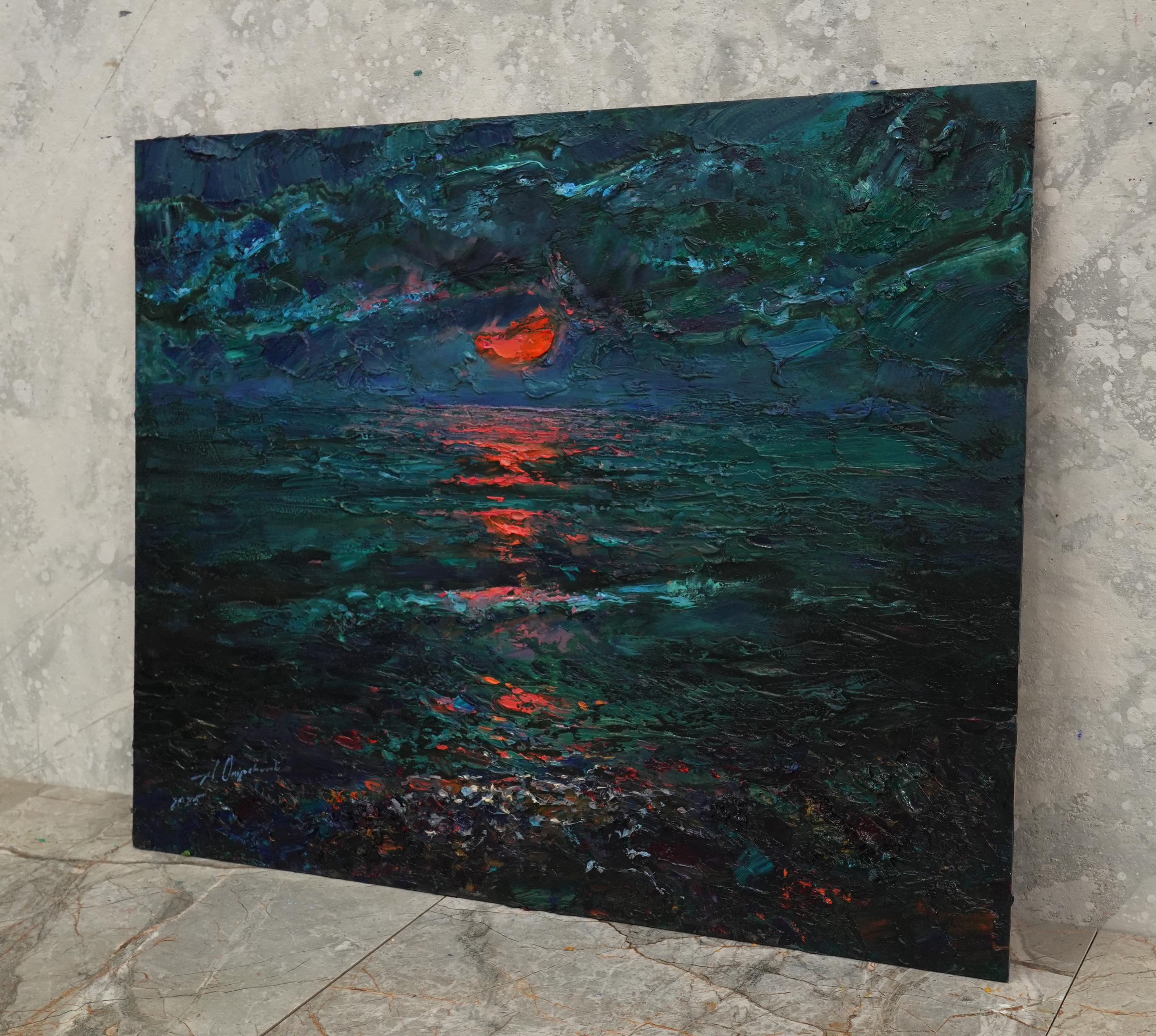 赤い月のある夜の海景 - 夜のオリジナル油絵、暗い海の風景、夜空の絵
