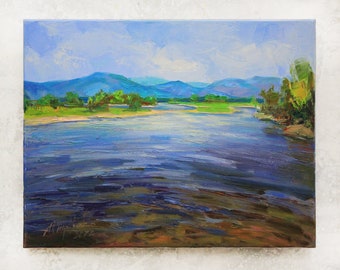 River artwork Countryside painting Lake artwork Original painting River Oil painting Landscape oil paint River flow painting