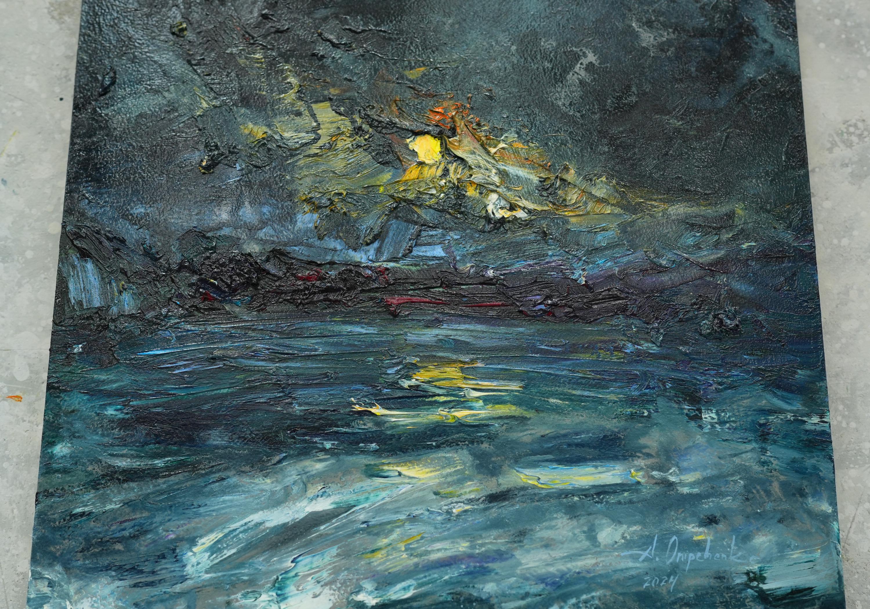 月明かりの海景 - 夜のオリジナル油絵、暗い海の風景、夜空の絵