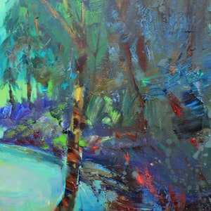 Peut inclure: Peinture &agrave; l'huile abstraite sur toile avec une palette de couleurs bleues, vertes et jaunes. La peinture repr&eacute;sente une sc&egrave;ne de for&ecirc;t avec des arbres et une rivi&egrave;re.