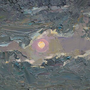 May include: An abstract oil painting with a textured surface. The artwork depicts a landscape with a muted color palette of grays, blues, and purples. A bright, yellow-orange sun is visible in the center, surrounded by a soft, pinkish glow.