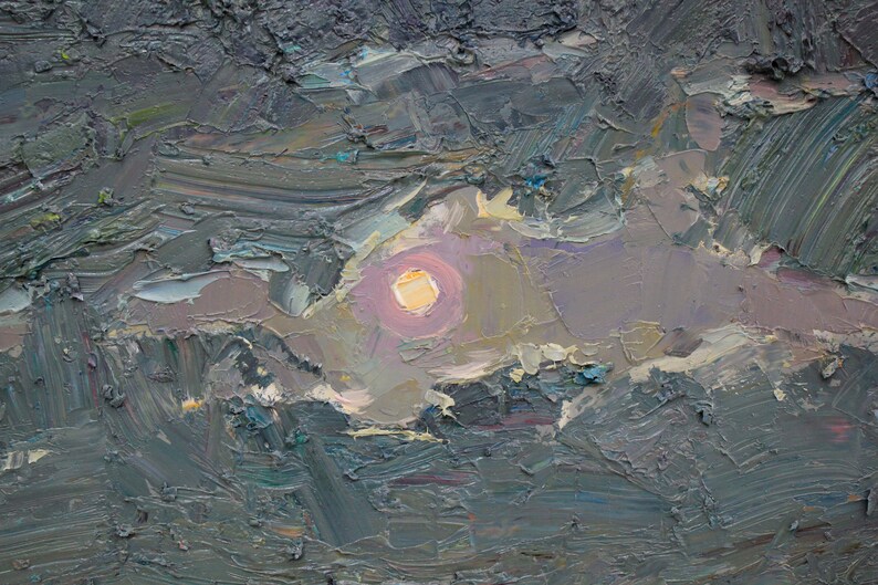 May include: An abstract oil painting with a textured surface. The artwork depicts a landscape with a muted color palette of grays, blues, and purples. A bright, yellow-orange sun is visible in the center, surrounded by a soft, pinkish glow.