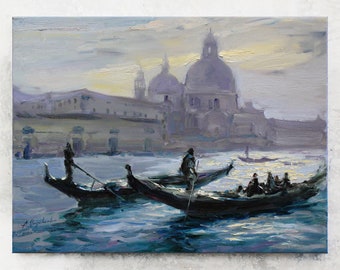 Venice, italy - original oil landscape painting, Seascape artwork, Italian cityscape, gondola,  gray Oil painting on canvas