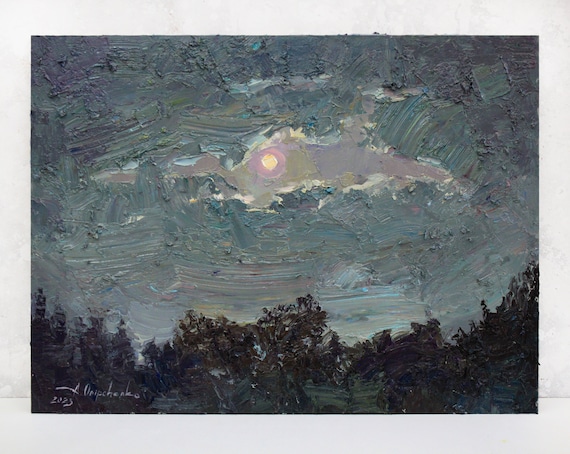 Full moon decor Night sky art, Small landscape, Original painting, Plein air painting, Impressionism painting Night landscape Oil on panel