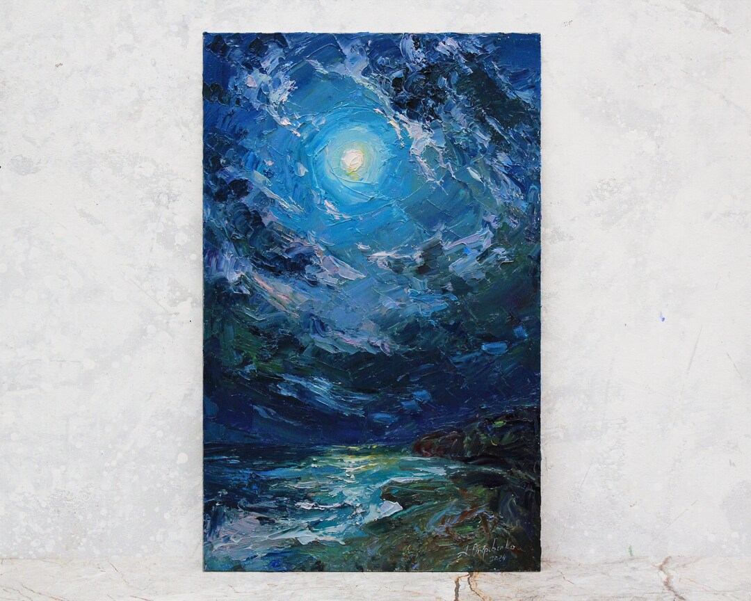 Moon Oil Painting Original, Night Sky Painting, Small Oil Painting ...