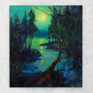 Mysterious painting Dark misty forest Night sky art Moon over water Original painting Moon forest lake art Oil on canvas Large oil painting