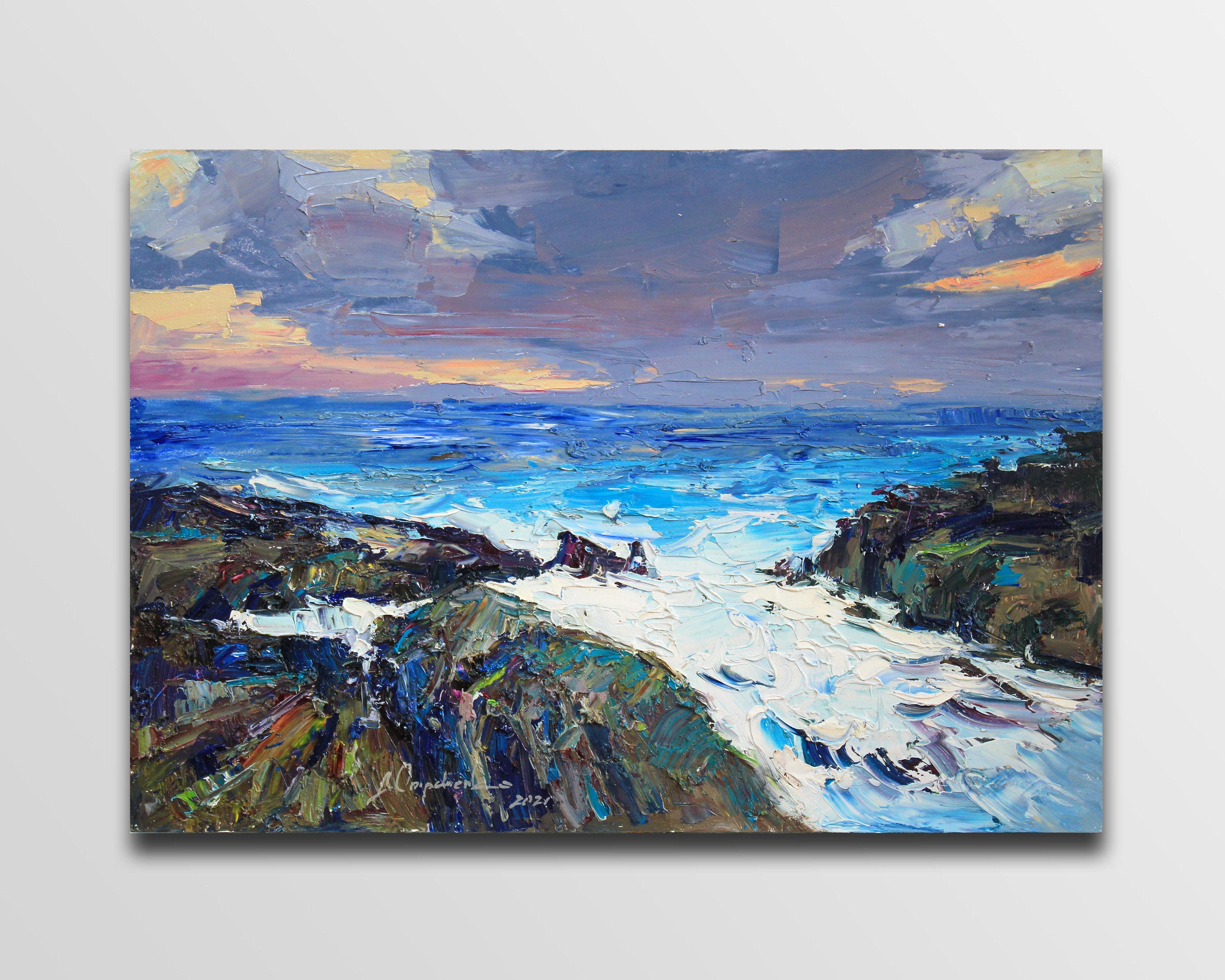 Seelandschaft Malerei Kleines Ölgemälde Original Kunstwerk Strand Wand Kunst Ölgemälde Möwe Malerei Kalifornien Malerei Strand-Liebhaber Geschenk