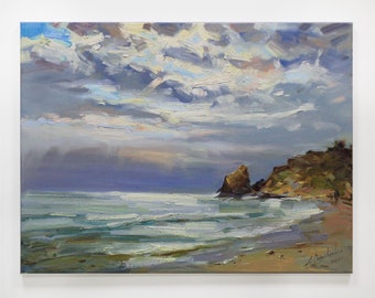 Landschaft am Meer Original Gemälde Meer Wolken Sonnenschein Wandkunst Meer Expressionismus Ölgemälde Gespannte Leinwand Blau Grau Kunst Geschenk Malerei