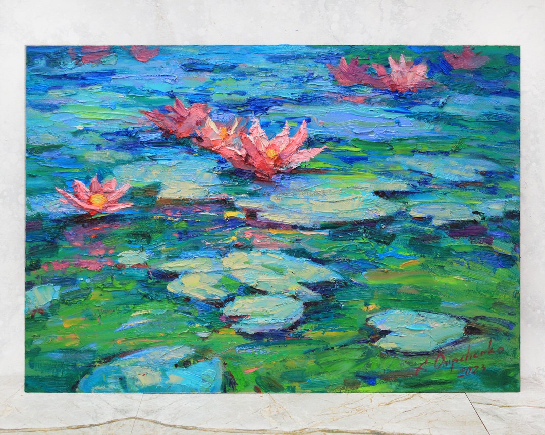 Water Lilies Impasto Original Oil Painting Lily Monet Art White Flower ...