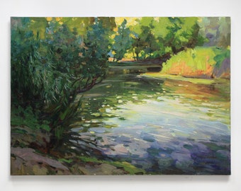 River painting Original oil painting Plein air painting Summer landscape Wall art lake Impressionism Wall decor living room Oil on canvas