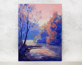 Forest river - Plein air painting River Landscape painting Small Oil painting original Modern painting on panel winter oil painting