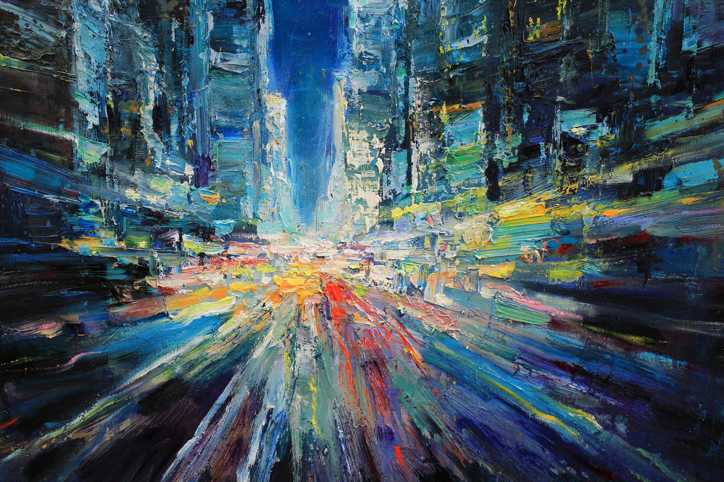 ニューヨークの夜景 - オリジナルの都市風景画、インパスト油絵、都市