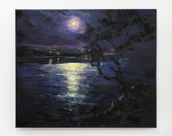Nachthimmel Kunst, Original Gemälde, Mond über Wasser, Realismus Gemälde, Mond Landschaft Öl auf Leinwand