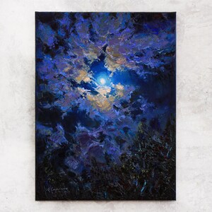 May include: A painting of a full moon shining through dark blue clouds. The clouds are painted with thick strokes of blue, purple, and white paint.
