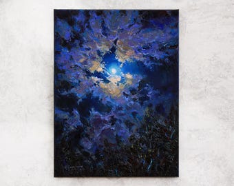 Lua e nuvens Pintura a óleo escura Arte de Halloween Pintura a óleo de paisagem Arte original Caminho do luar Amante da lua Pintura a óleo arte da lua