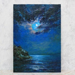 Moon oil painting original, night sky painting, Small oil painting, Cloud moon art, Night Landscape, Signed oil painting