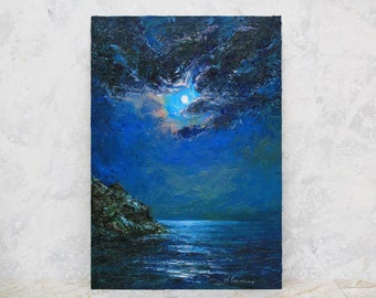 Moon oil painting original, night sky painting, Small oil painting, Cloud moon art, Night Landscape, Signed oil painting