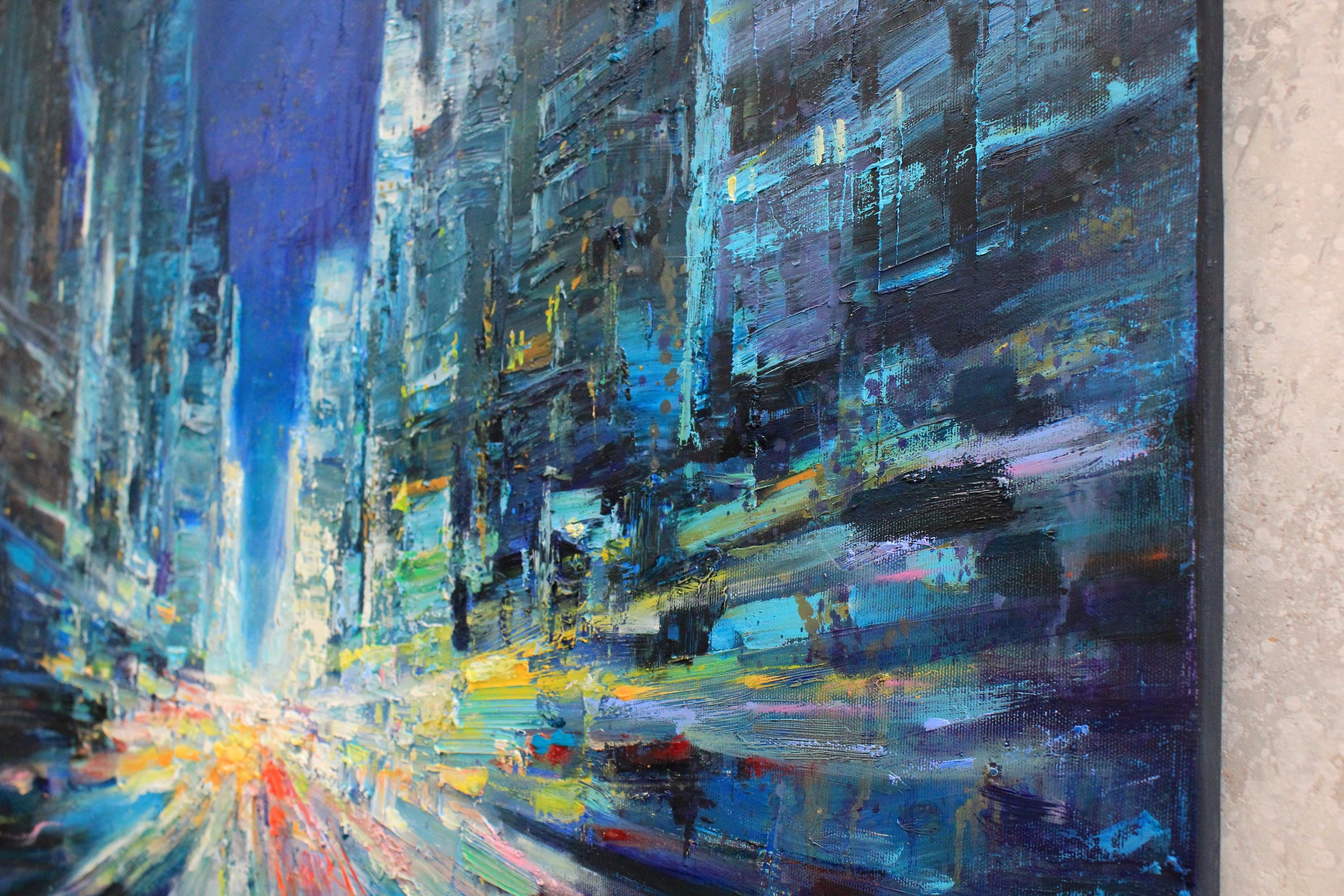 ニューヨークの夜景 - オリジナルの都市風景画、インパスト油絵、都市