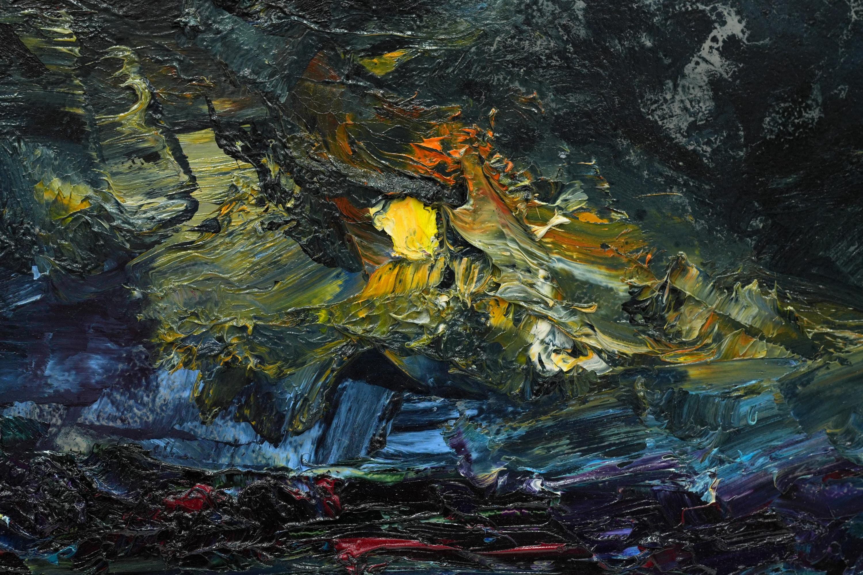 月明かりの海景 - 夜のオリジナル油絵、暗い海の風景、夜空の絵