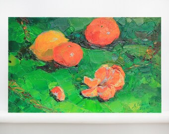 Small oil painting original Kitchen wall art Tangerines painting Original still life Bright green Impressionism Wall decor fruits