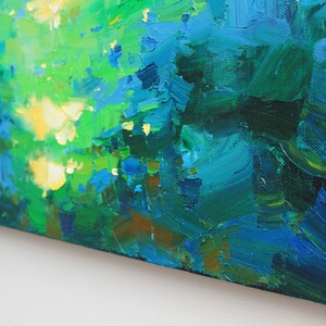 May include: Abstract painting with thick brushstrokes in shades of green, blue, and yellow. The painting has a textured surface and a white border.