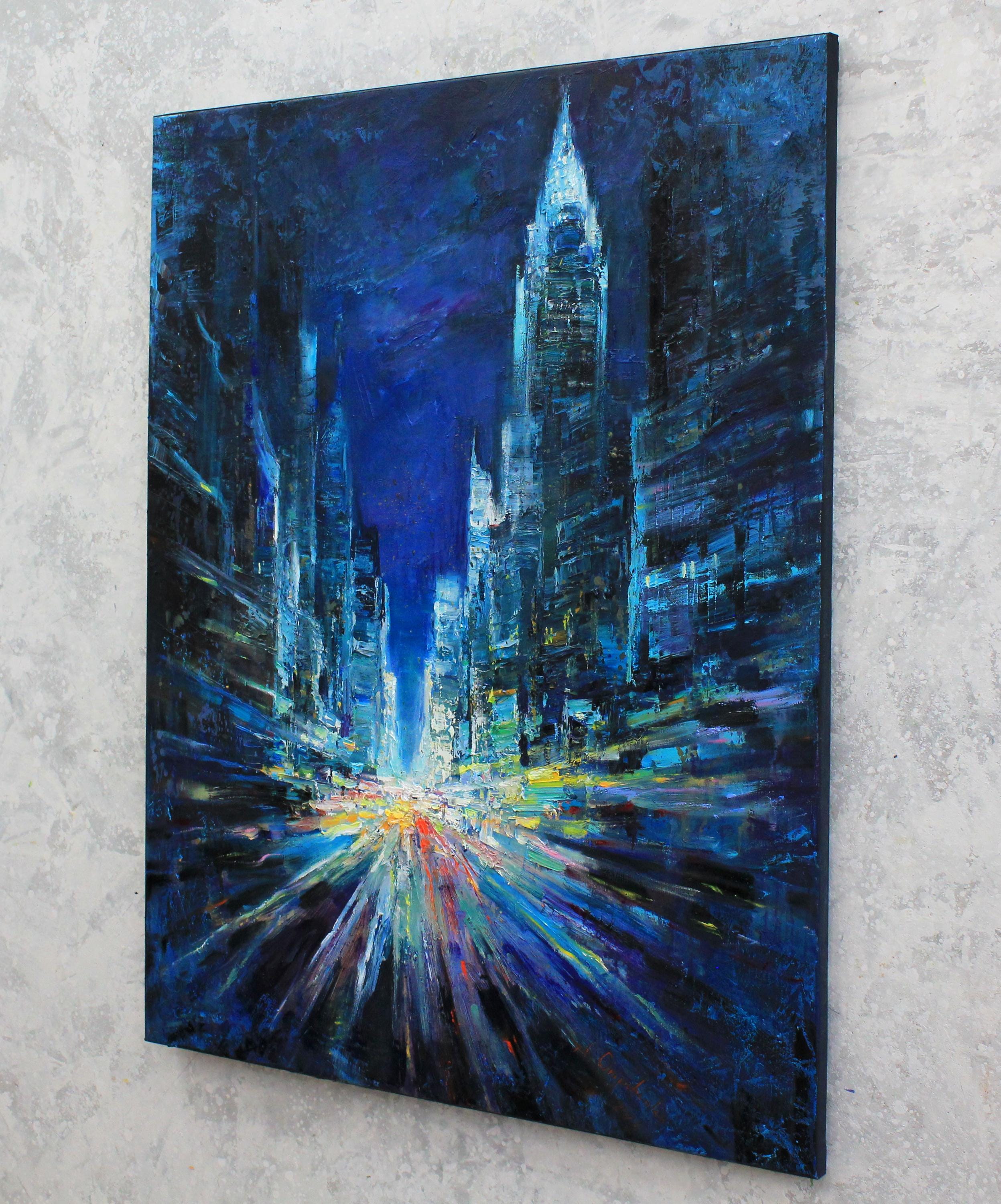 ニューヨークの夜景 - オリジナルの都市風景画、インパスト油絵、都市