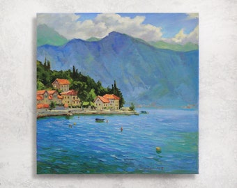 Küste von Perast - texturierte Ölgemälde Panorama am Meer von Perast