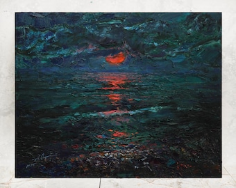 Nächtliche Seelandschaft mit rotem Mond - Original Ölgemälde, dunkle Meereslandschaft, Nachthimmel Malerei, gotisches Kunstwerk