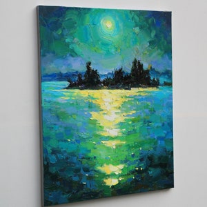 May include: A painting of a moonlit lake with a small island in the center. The water is a deep blue and green, and the moon is a bright white circle in the sky. The island is covered in dark green trees.