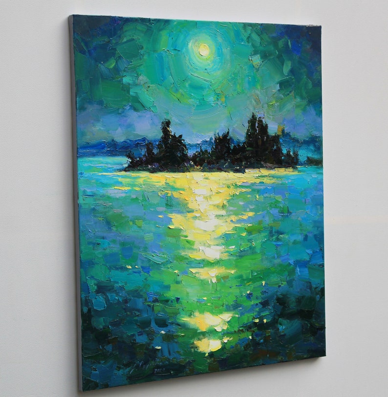 May include: A painting of a moonlit lake with a small island in the center. The water is a deep blue and green, and the moon is a bright white circle in the sky. The island is covered in dark green trees.