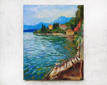 Lake Como, Villa Monastero - Italian Landscape painting Original impasto landscape painting textured Oil painting Italy wall art