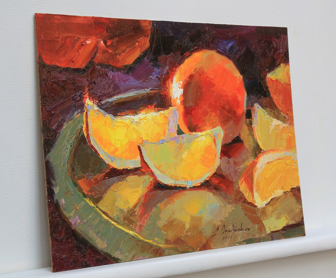 Orange painting Wall decor fruits Original still life Bright Etsy