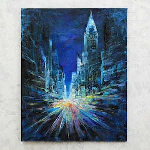 New York view night street - original urban landscape painting impasto Oil painting Urban buildings evening city lights