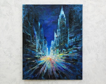 ニューヨークの夜景 - オリジナルの都市風景画、インパスト油絵、都市