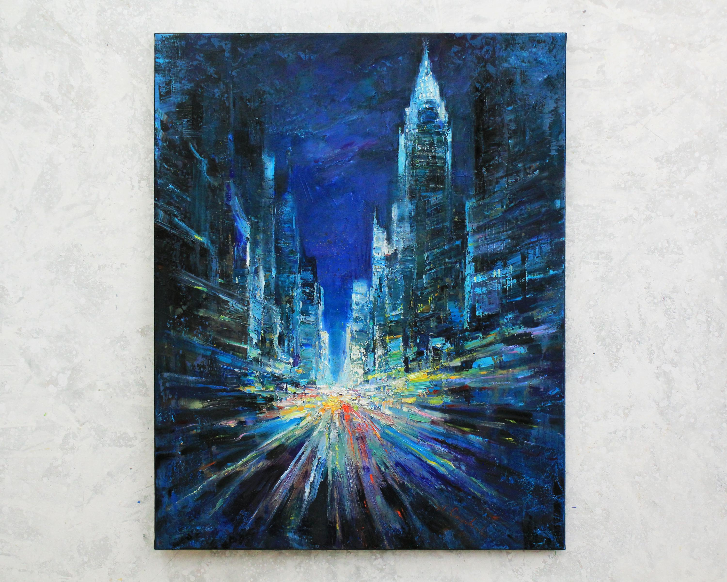 ニューヨークの夜景 - オリジナルの都市風景画、インパスト油絵、都市