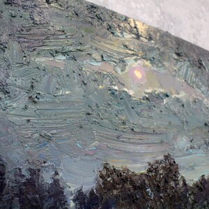 May include: Oil painting on canvas depicting a landscape with a textured, impasto style. The artwork features a dusky sky with a soft, yellow sun peeking through clouds. Dark trees are visible at the bottom, with shades of gray, blue, and brown.